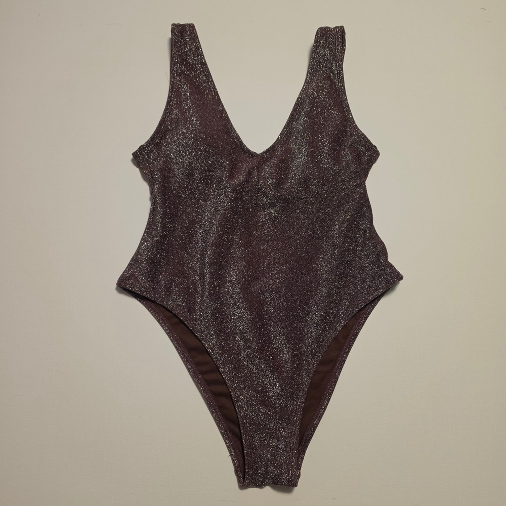 Simons Metallic Glitter V-Neck High Cut One Piece Swimsuit Brown Size Small